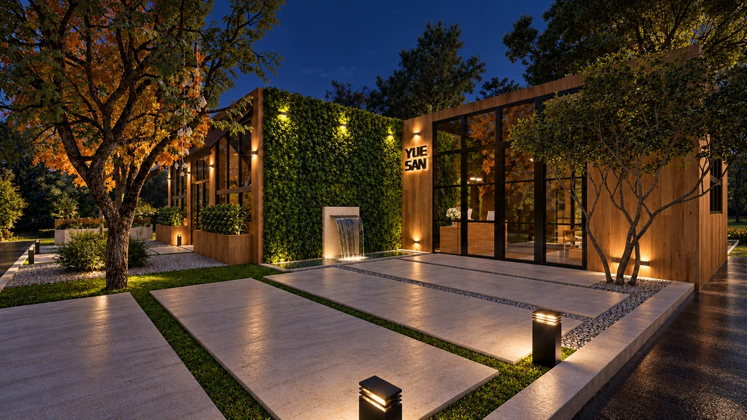 Wide night view of the studio entrance and illuminated paving — California — Yoga Studio, Studio Dalika; project view 3