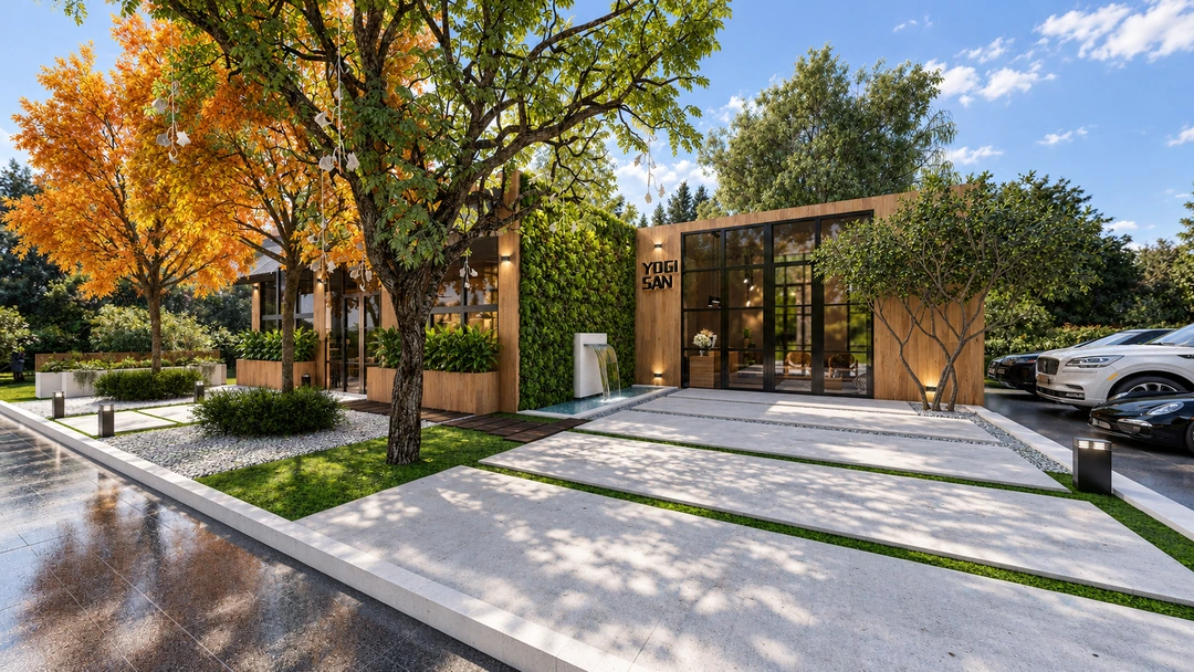 Frontal daylight view of the studio entrance and autumn trees — California — Yoga Studio, Studio Dalika; project view 4