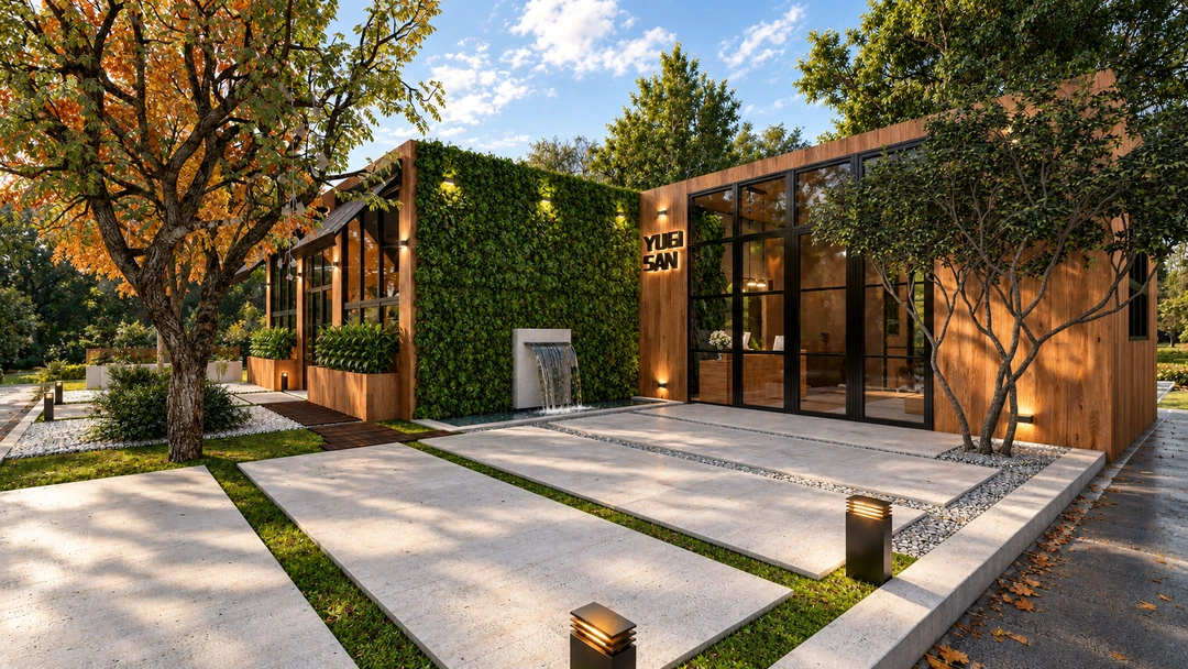 Angled daylight view of the studio facade and entry plaza — California — Yoga Studio, Studio Dalika; project view 5