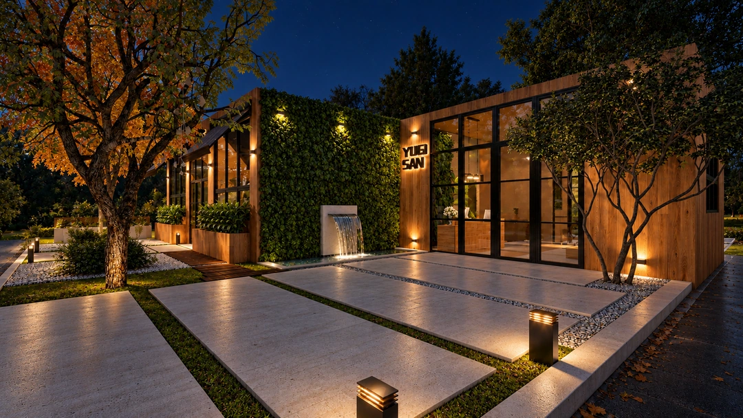 Angled night view of the studio facade and entry lighting — California — Yoga Studio, Studio Dalika; project view 6