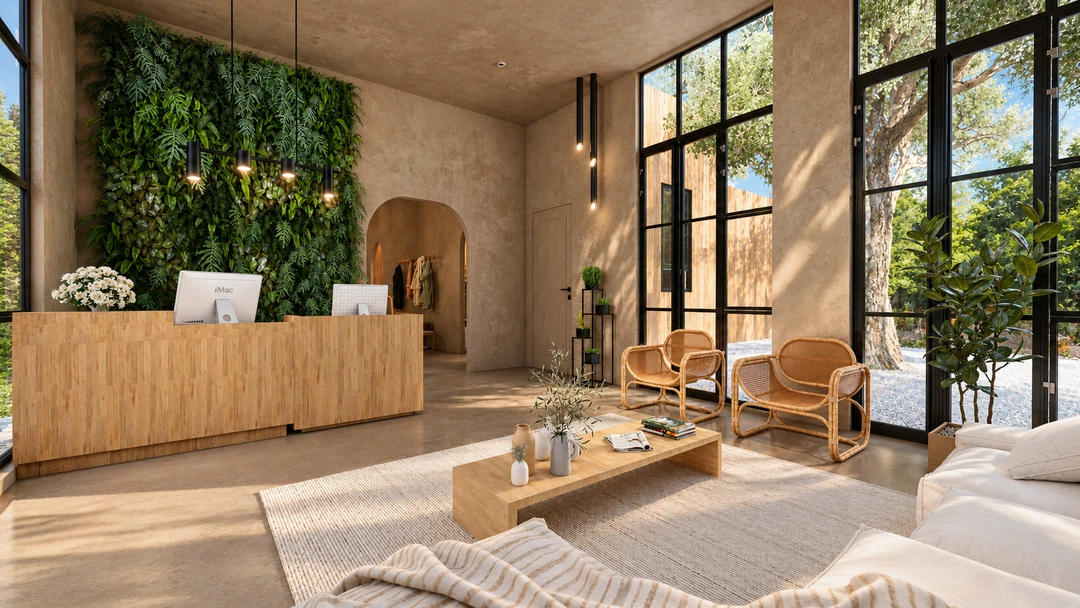 Sunlit reception with a timber desk and pale lounge seating — California — Yoga Studio, Studio Dalika