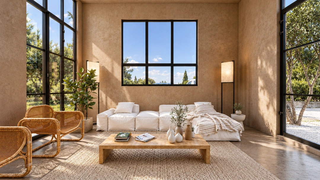 Pale sofa and woven chairs beside a large garden window — California — Yoga Studio, Studio Dalika; project view 4