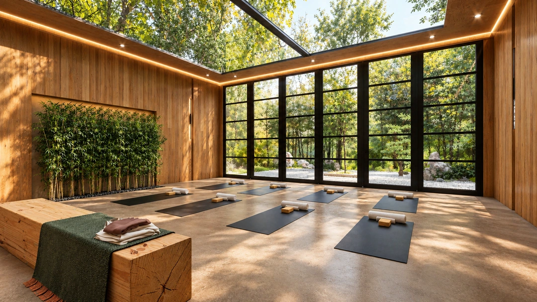 Yoga mats beneath a skylight beside a planted wall — California — Yoga Studio, Studio Dalika; project view 5