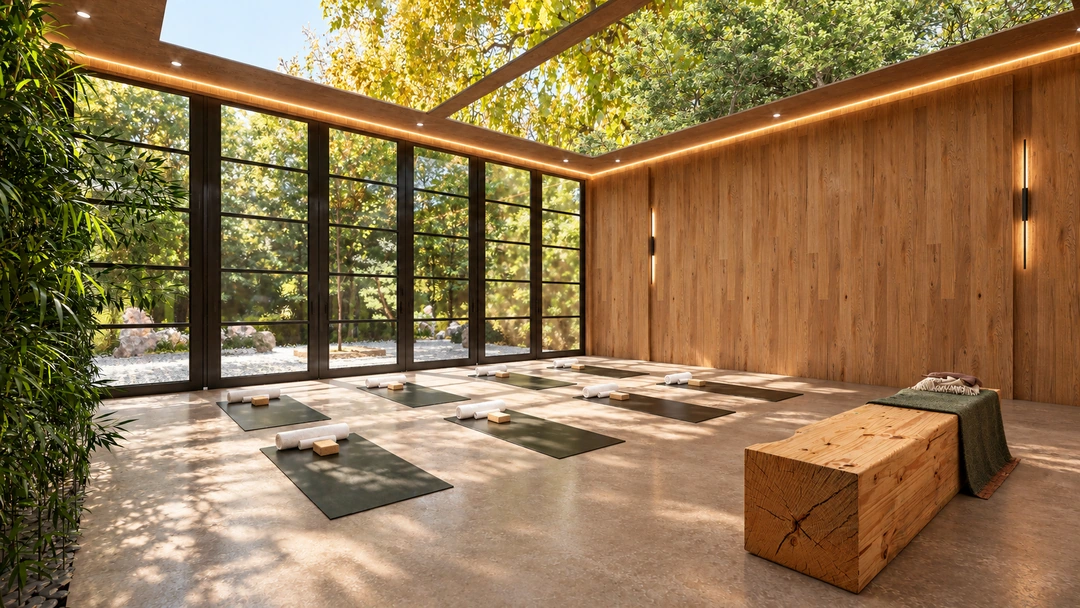 Timber yoga room with floor mats and a low bench — California — Yoga Studio, Studio Dalika; project view 6