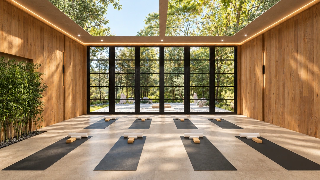 Daylight yoga room framed by garden glazing — California — Yoga Studio, Studio Dalika; project view 7