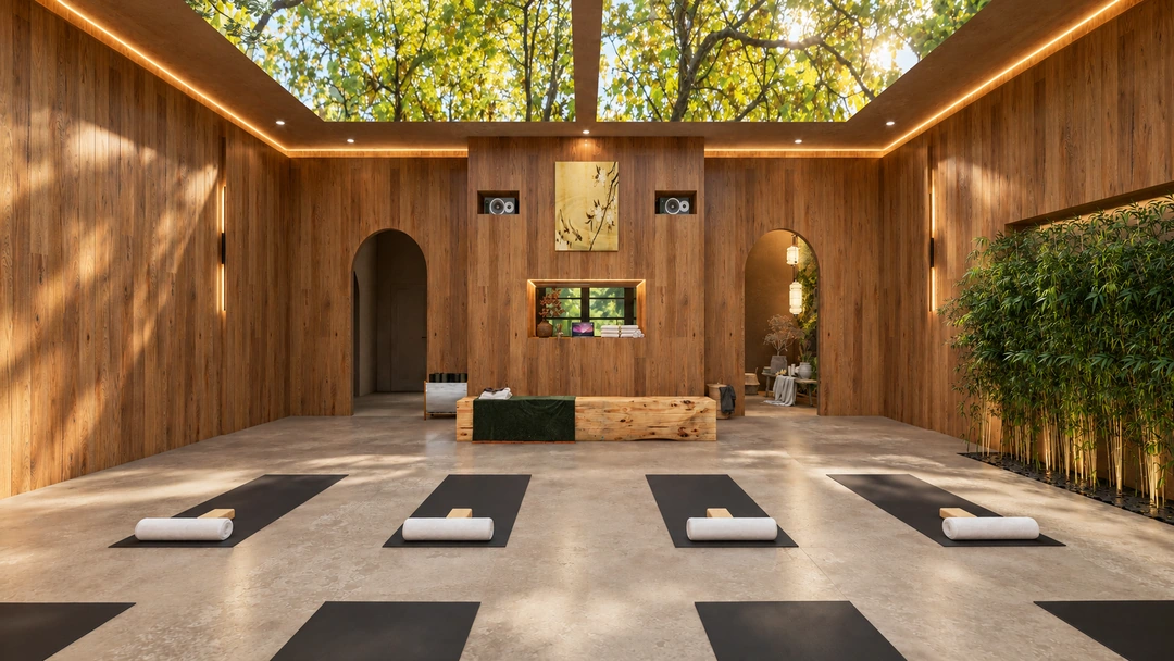 Yoga room facing an arched niche and timber storage — California — Yoga Studio, Studio Dalika; project view 8
