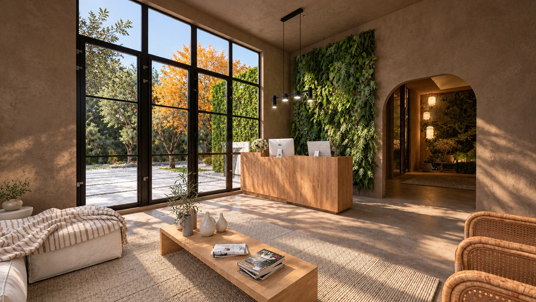 Reception desk beside a pale sofa and woven seating — California — Yoga Studio, Studio Dalika; project view 9