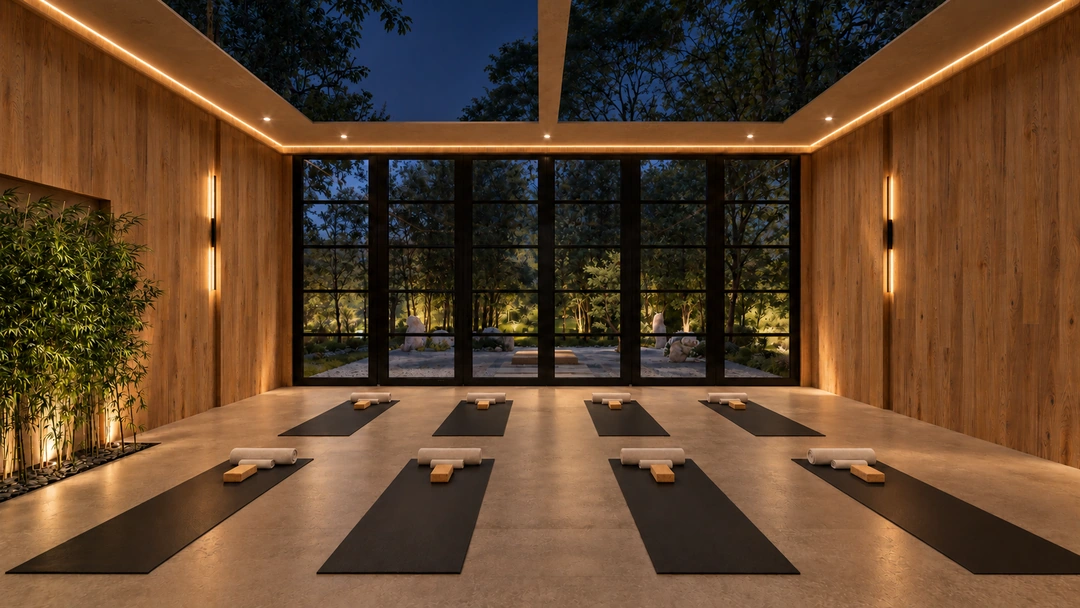 Yoga mats and garden glazing illuminated at night — California — Yoga Studio, Studio Dalika; project view 10