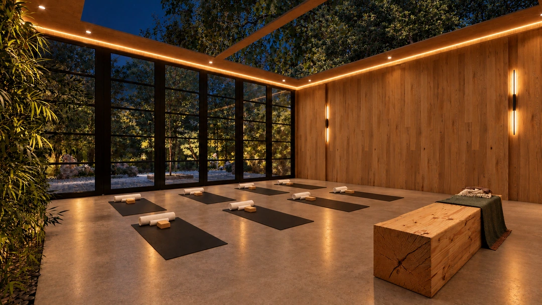 Night view of the yoga room and low timber bench — California — Yoga Studio, Studio Dalika; project view 11