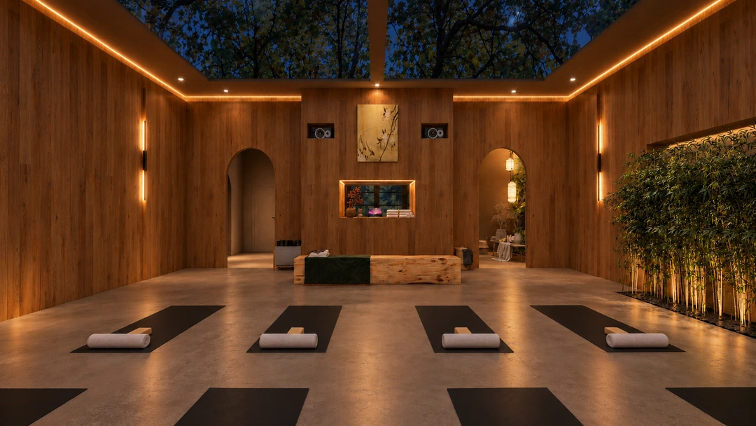 Yoga room facing its illuminated arched niche at night — California — Yoga Studio, Studio Dalika; project view 12