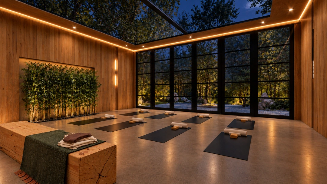 Yoga mats beneath the skylight and night sky — California — Yoga Studio, Studio Dalika; project view 13