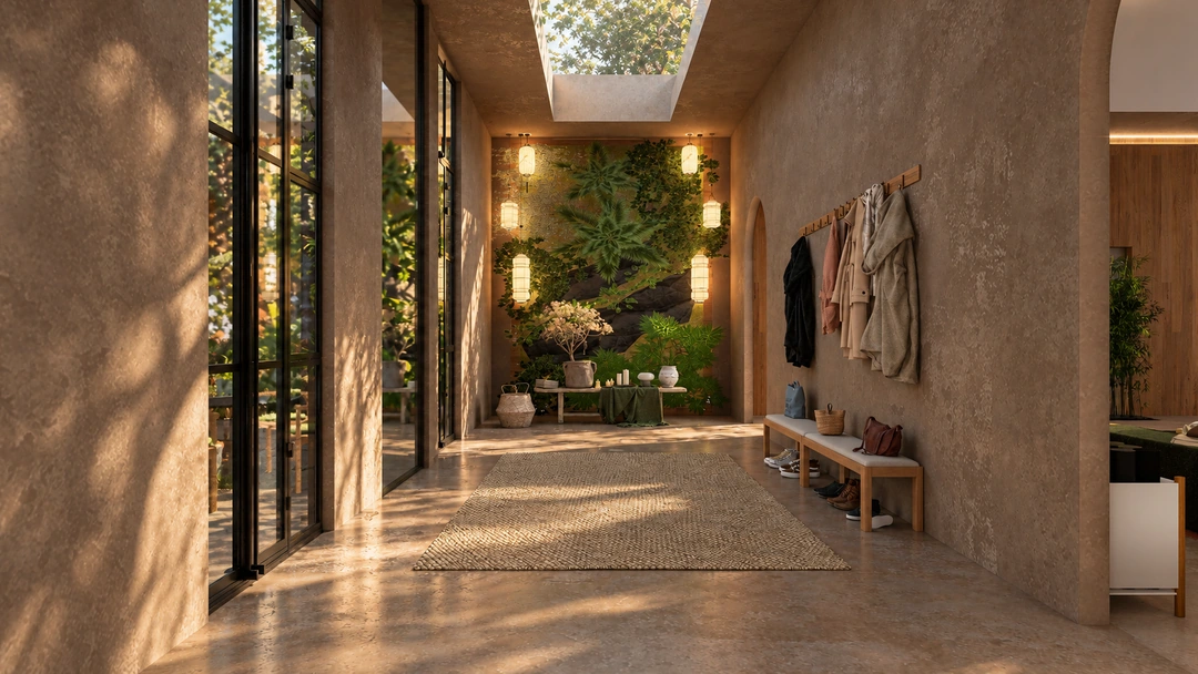 Sunlit corridor with timber bench and planted courtyard — California — Yoga Studio, Studio Dalika; project view 14
