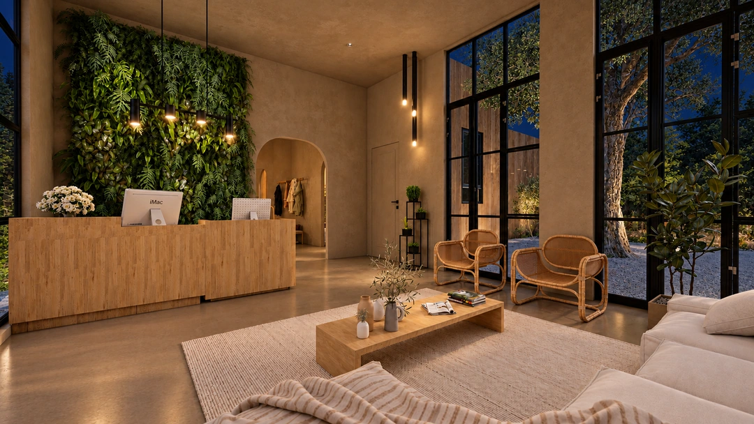 Reception desk and planted wall illuminated at night — California — Yoga Studio, Studio Dalika; project view 15