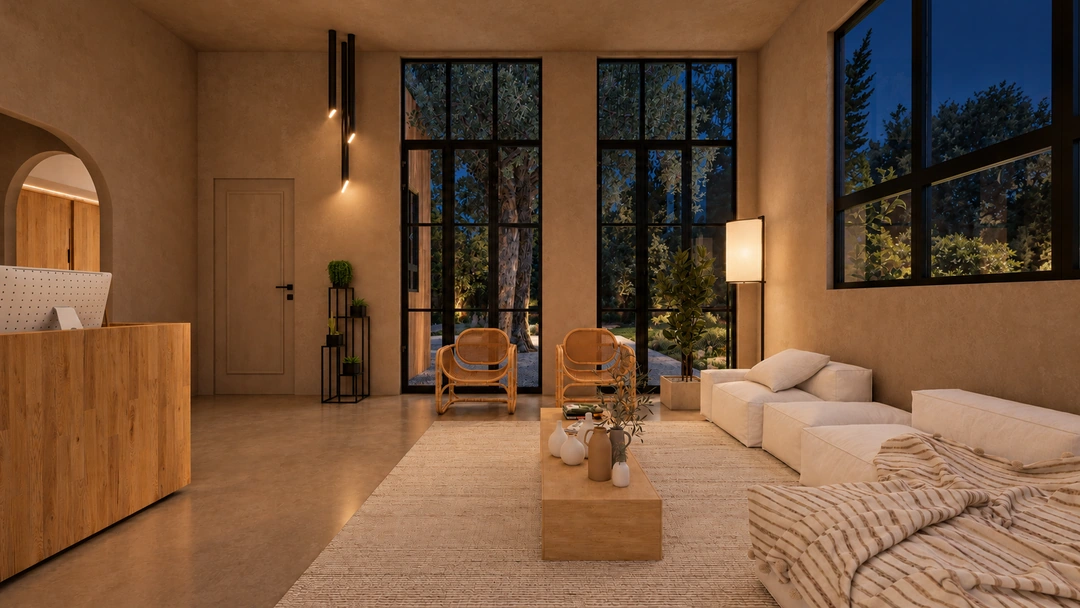 Night view across the reception lounge and tall windows — California — Yoga Studio, Studio Dalika; project view 16