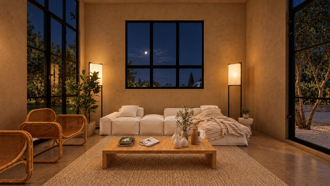 Pale lounge seating beneath the night window — California — Yoga Studio, Studio Dalika; project view 17