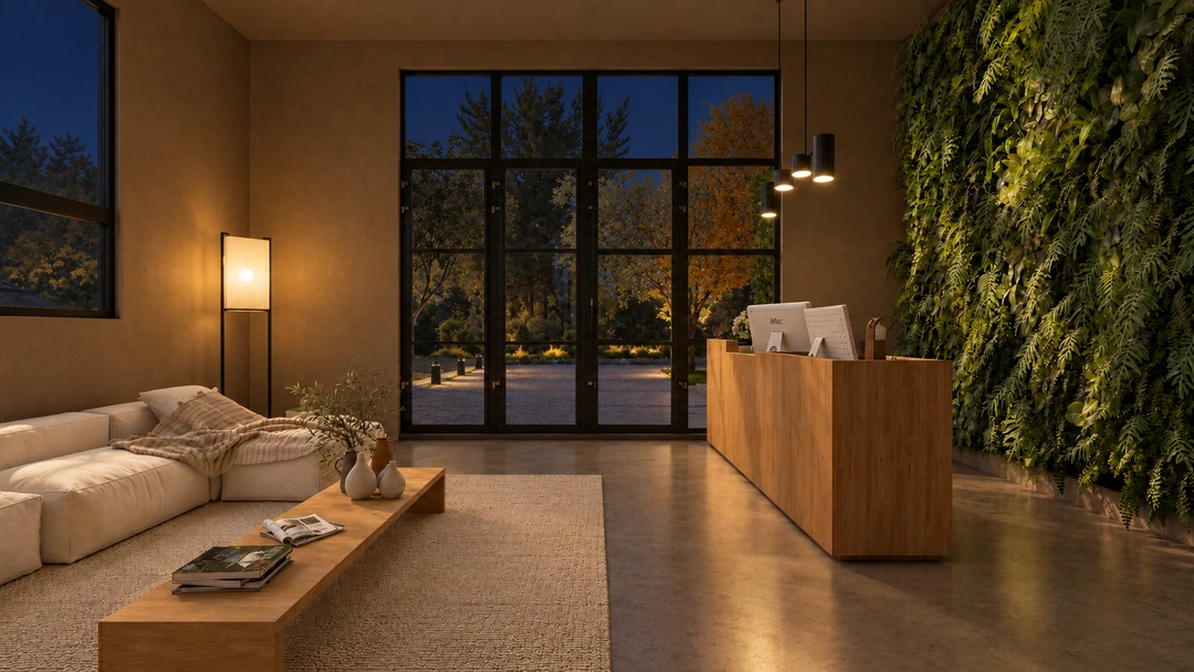 Reception lounge and planted wall beside night glazing — California — Yoga Studio, Studio Dalika; project view 18