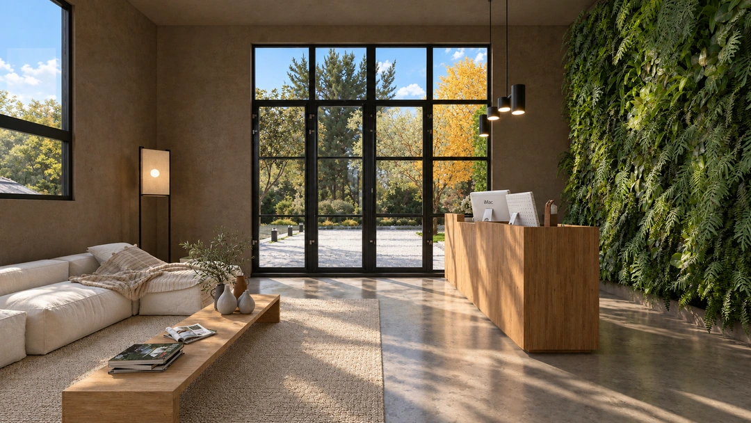 Daylight reception desk beside the garden window — California — Yoga Studio, Studio Dalika; project view 19