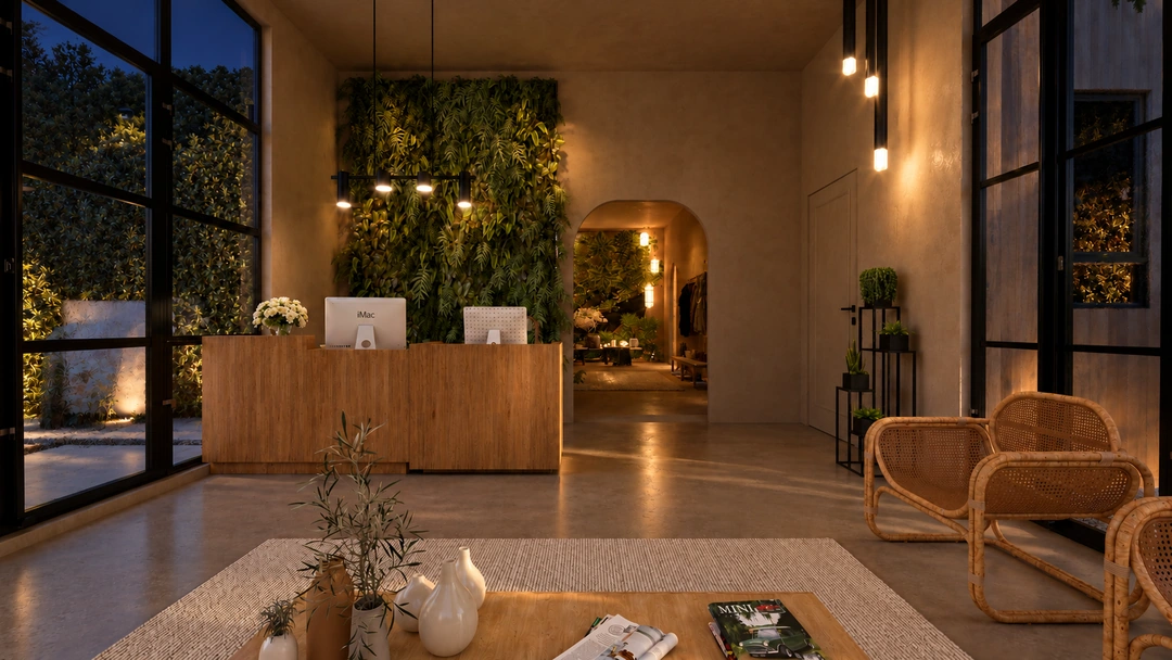 Reception desk and arched passage illuminated at night — California — Yoga Studio, Studio Dalika; project view 20
