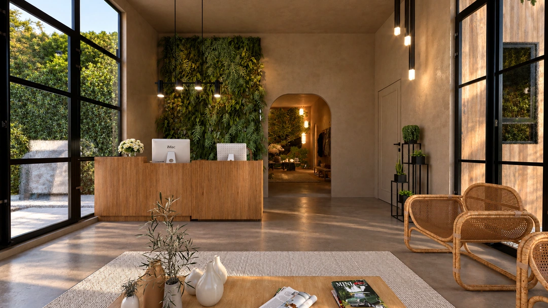 Timber reception desk beside the planted wall in daylight — California — Yoga Studio, Studio Dalika; project view 21