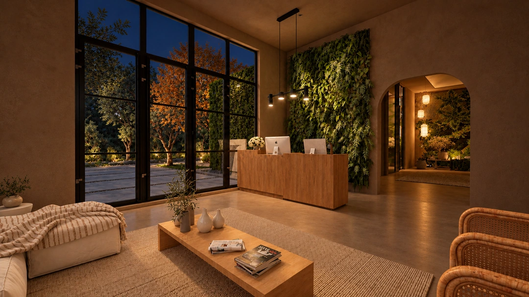 Night view of the reception desk and woven chairs — California — Yoga Studio, Studio Dalika; project view 22