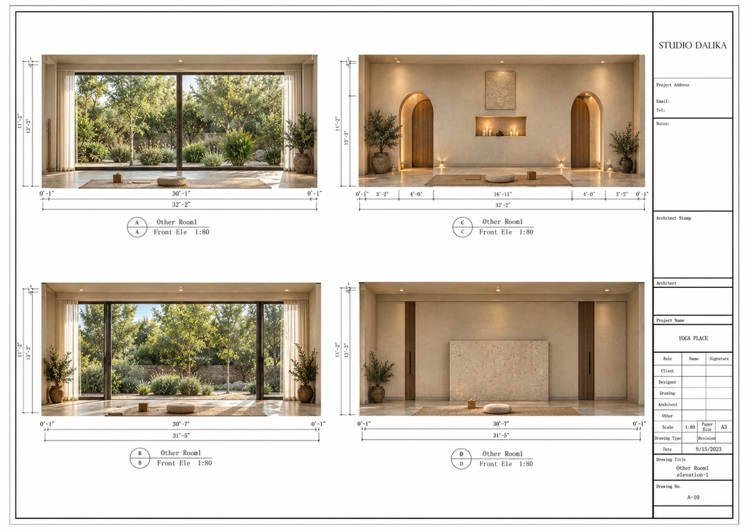 Concept elevations showing window and arched wall treatments — California — Yoga Studio, Studio Dalika; project view 23