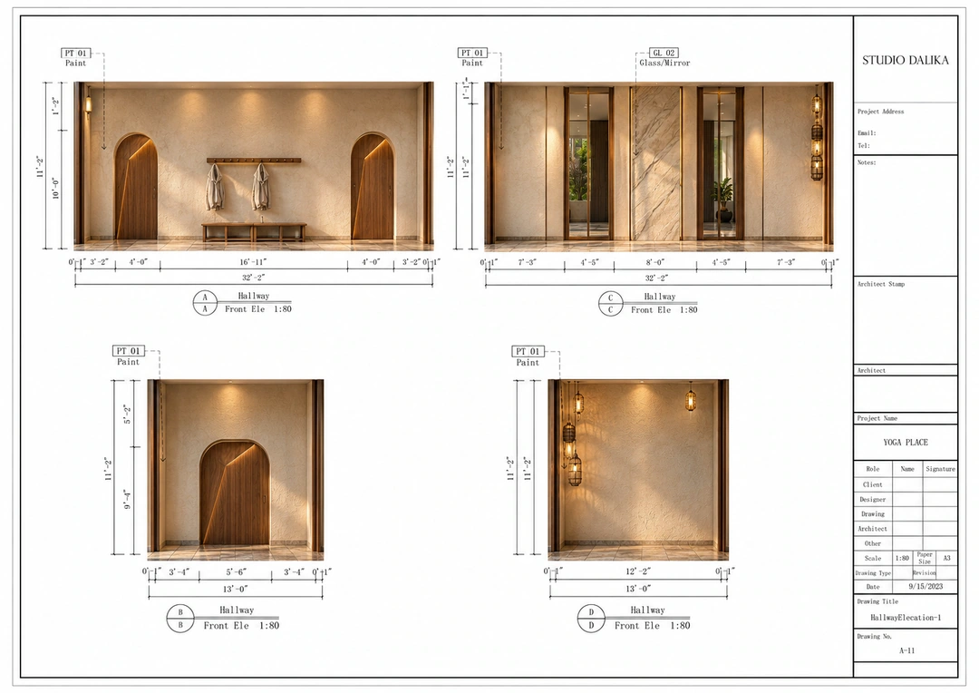 Concept elevations showing reception niches and cabinetry — California — Yoga Studio, Studio Dalika; project view 24