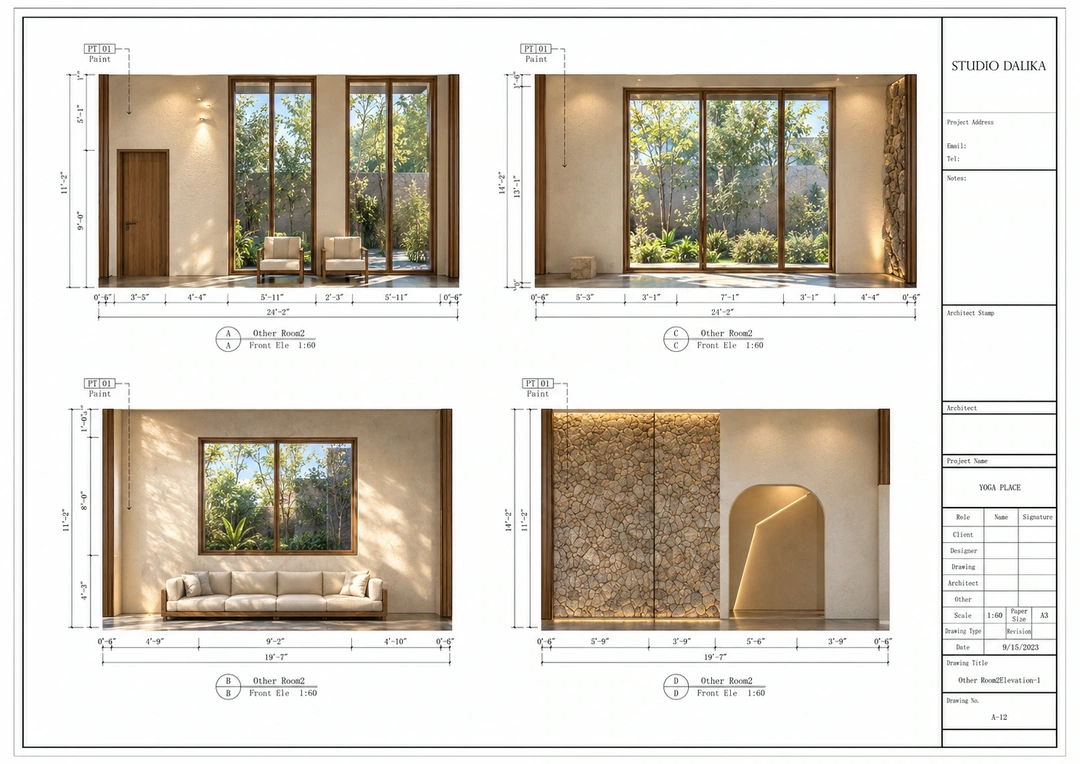 Concept elevations showing lounge seating and window walls — California — Yoga Studio, Studio Dalika; project view 25