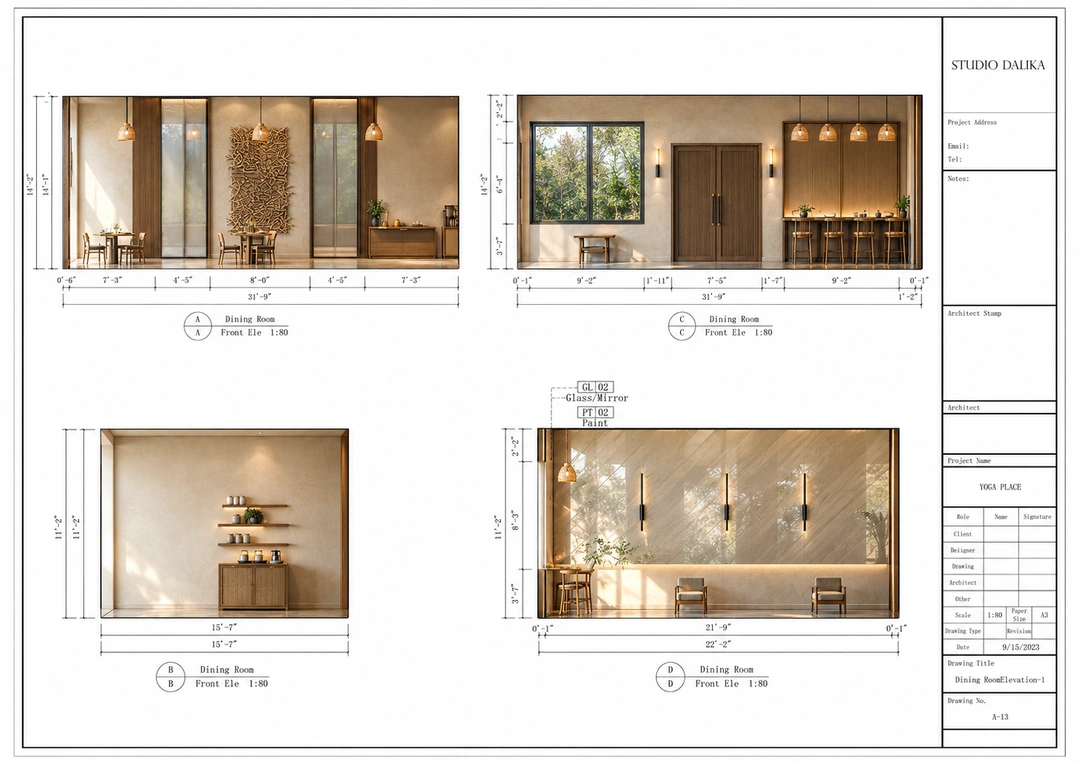 Concept elevations showing glazing and storage details — California — Yoga Studio, Studio Dalika; project view 26