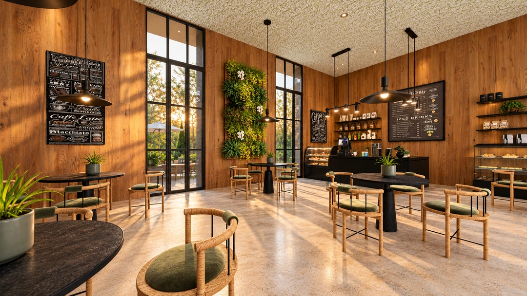 Timber coffee shop with green seating and a planted wall — California — Coffee Shop, Studio Dalika