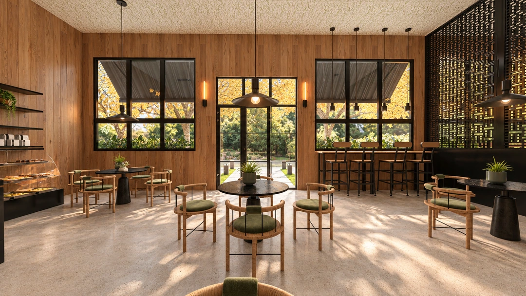Cafe tables facing the service area and dark glazing — California — Coffee Shop, Studio Dalika; project view 3