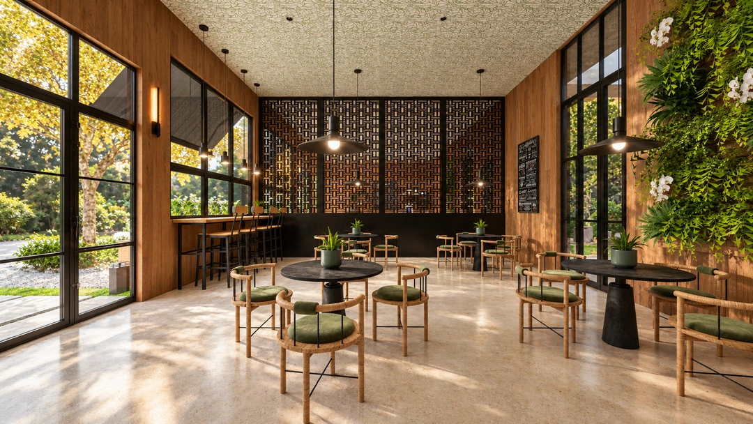 Daylight cafe seating with green chairs and pendant lights — California — Coffee Shop, Studio Dalika; project view 4