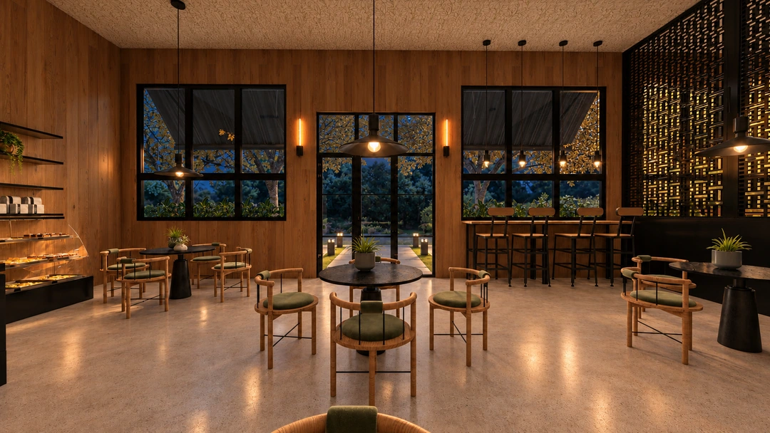 Coffee shop tables and dark glazing illuminated at night — California — Coffee Shop, Studio Dalika; project view 5