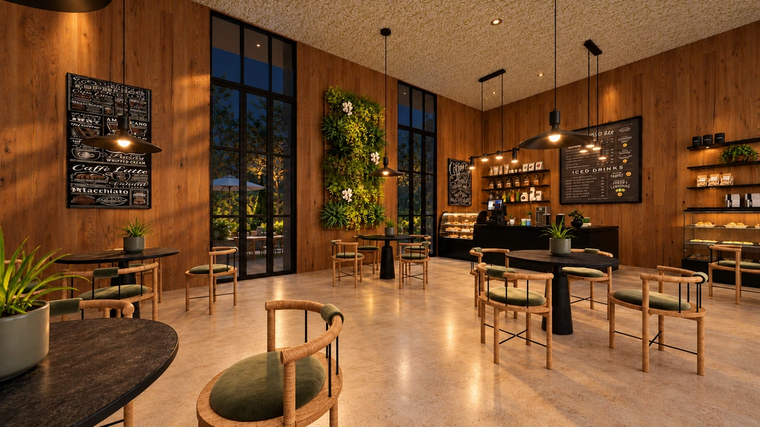 Night view of the cafe counter and planted wall — California — Coffee Shop, Studio Dalika; project view 6