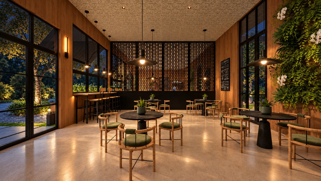 Cafe seating beside garden windows at night — California — Coffee Shop, Studio Dalika; project view 7