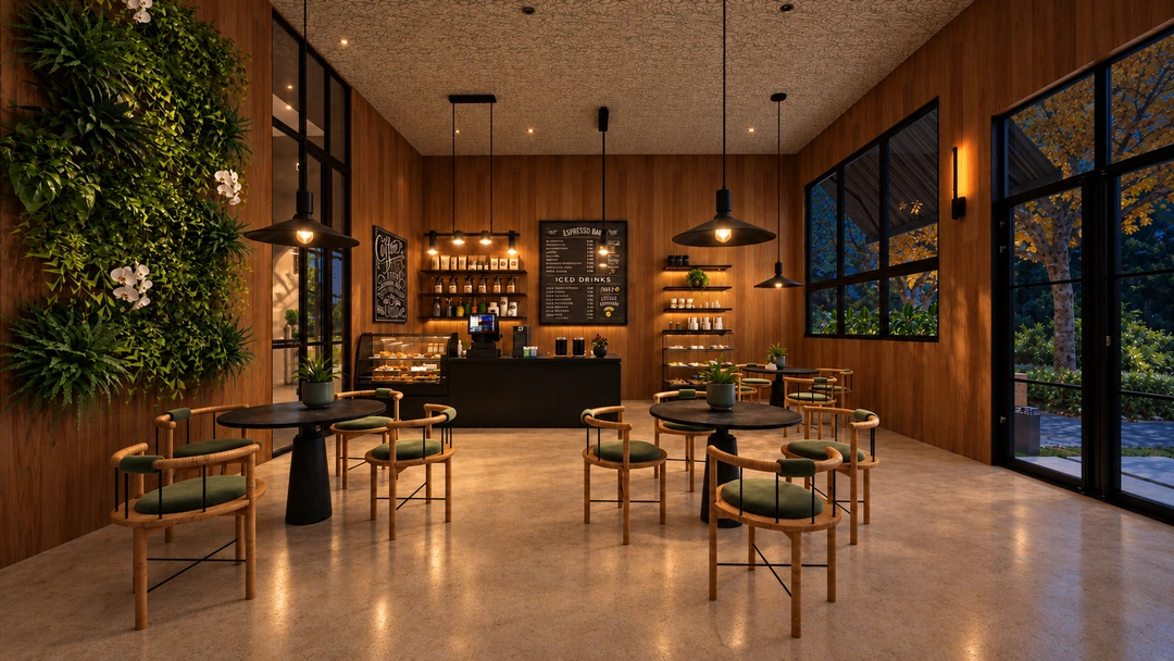 Night view of the cafe seating and pendant lighting — California — Coffee Shop, Studio Dalika; project view 8