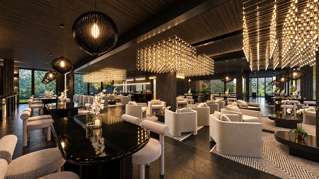 Restaurant lounge beneath layered sculptural lighting — Florida — Sushi Restaurant, Studio Dalika