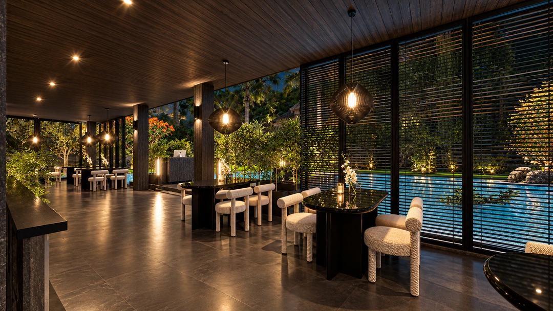 Window-side dining tables and rounded upholstered chairs — Florida — Sushi Restaurant, Studio Dalika; project view 3