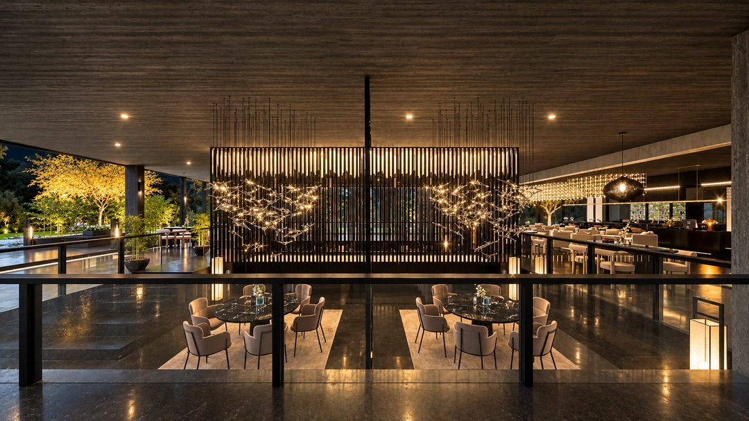 Elevated view across the restaurant and screened lounge — Florida — Sushi Restaurant, Studio Dalika; project view 4