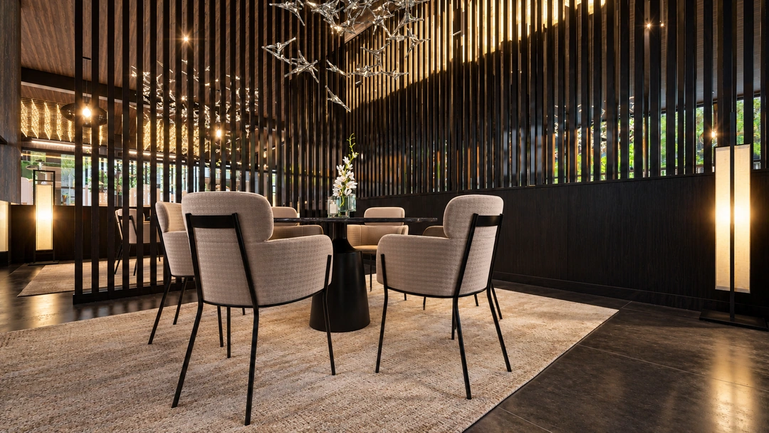 Dining chairs beside a vertical screen and branching light — Florida — Sushi Restaurant, Studio Dalika; project view 5