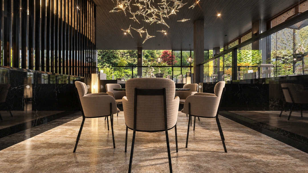 Dining table beneath a sculptural light in daylight — Florida — Sushi Restaurant, Studio Dalika; project view 6