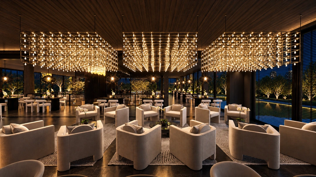 Restaurant lounge beneath illuminated ceiling panels at night — Florida — Sushi Restaurant, Studio Dalika; project view 7
