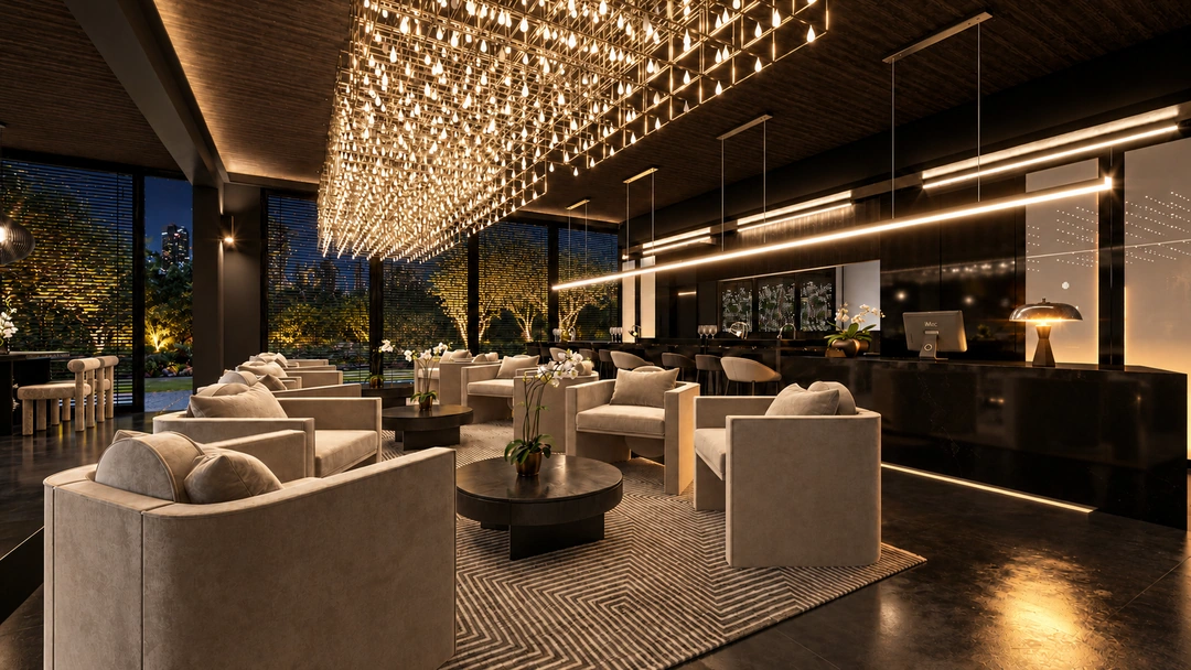 Pale lounge seating and service counter at night — Florida — Sushi Restaurant, Studio Dalika; project view 8