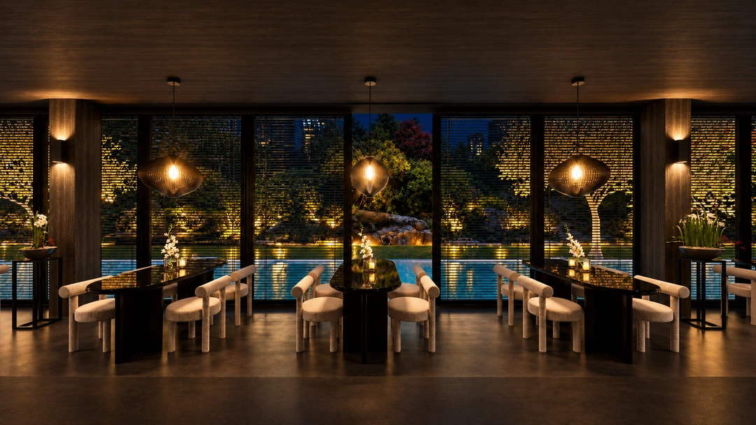 Window-side restaurant seating overlooking water at night — Florida — Sushi Restaurant, Studio Dalika; project view 9