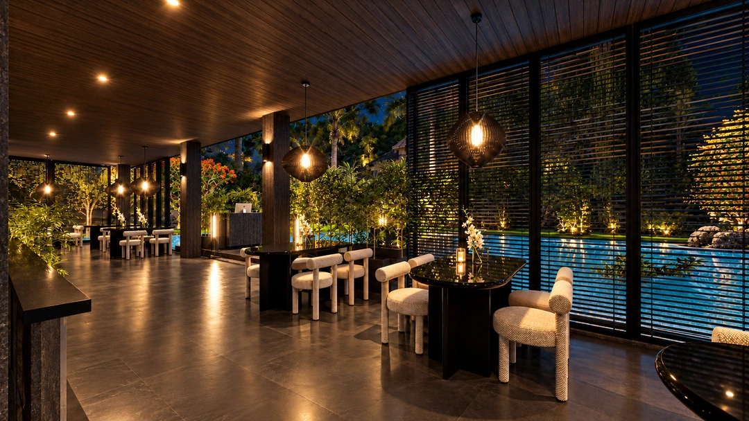 Night dining area beside dark glazing and pendant lights — Florida — Sushi Restaurant, Studio Dalika; project view 10