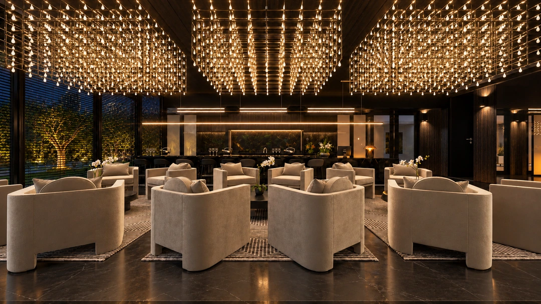 Pale lounge chairs beneath a glowing ceiling installation — Florida — Sushi Restaurant, Studio Dalika; project view 11