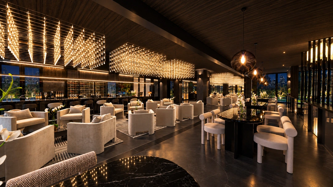 Wide restaurant view with dining and lounge zones at night — Florida — Sushi Restaurant, Studio Dalika; project view 12