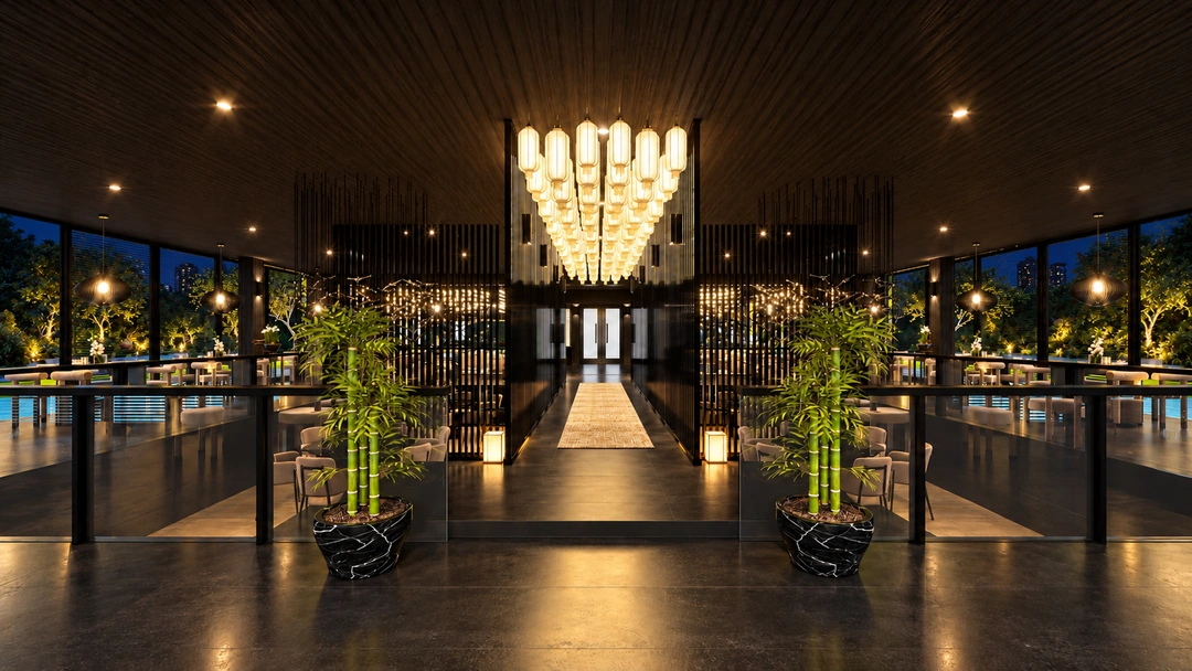 Restaurant entrance aisle illuminated at night — Florida — Sushi Restaurant, Studio Dalika; project view 13