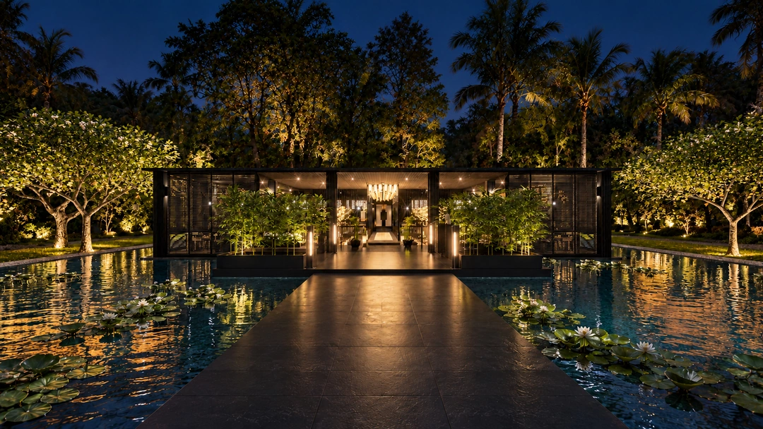 Night approach across water to the restaurant entrance — Florida — Sushi Restaurant, Studio Dalika; project view 14