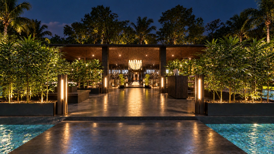 Wide night view of the restaurant entry bridge and planting — Florida — Sushi Restaurant, Studio Dalika; project view 15