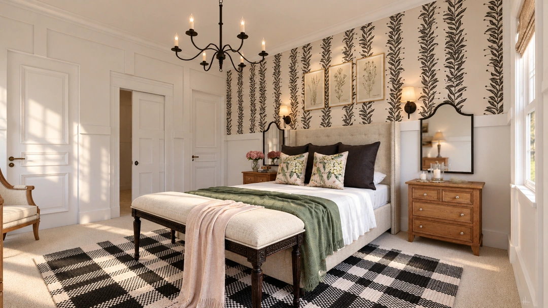 Guest bedroom with botanical wallpaper and checked rug — Staunton, VA — Retreat Hotel, Studio Dalika